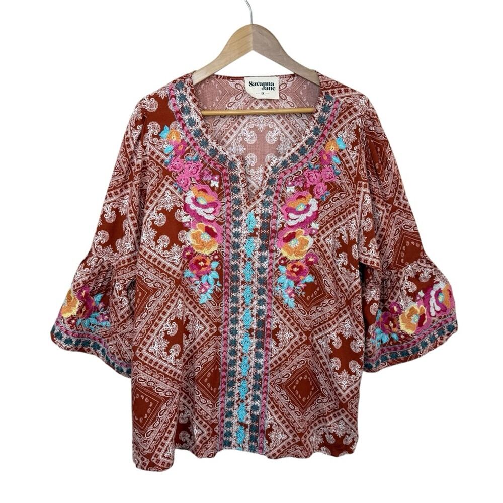 SAVANNA JANE Women's Size 1X Floral Embroidered Brown and Pink Blouse